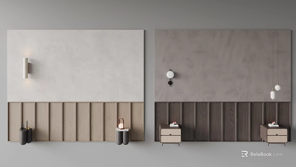 Light And Dark Wood Wall Panels Interior Design With Small Cabinet And Lamp Decor 3d model 