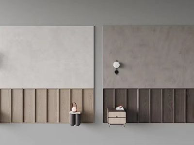 Light And Dark Wood Wall Panels Interior Design With Small Cabinet And Lamp Decor 3d model