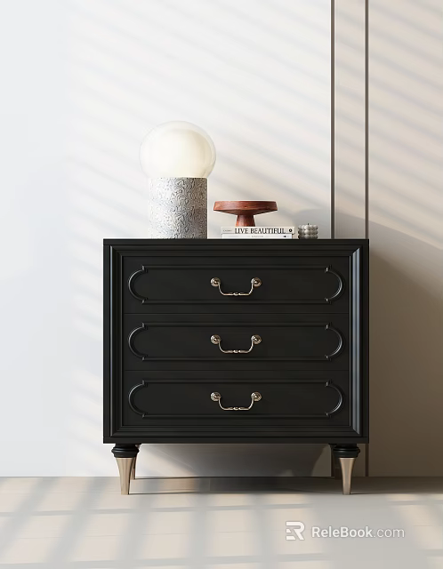 Black Bedside Table With Three Drawers White Globe Lamp Gray Base And Small Wooden Tray 3d model 