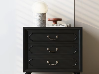 Black Bedside Table With Three Drawers White Globe Lamp Gray Base And Small Wooden Tray 3d model