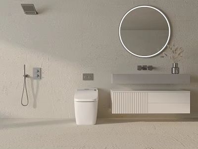 Minimalist Bathroom Vanity with Round Mirror White Toilet and Shower Head in Light-colored Space 3d model