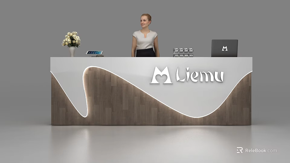 Modern Reception Desk With White Wooden Design LED Lighting Liemu Logo And Office Essentials 3d model 