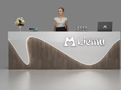 Modern Reception Desk With White Wooden Design LED Lighting Liemu Logo And Office Essentials 3d model
