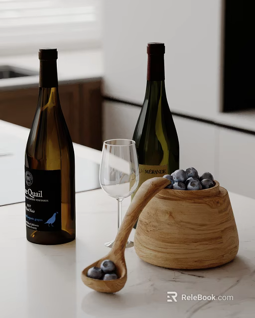 Kitchen Countertop With Wine Bottles Wine Glass And Bowl Of Blueberries 3d model 