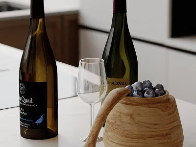 Kitchen Countertop With Wine Bottles Wine Glass And Bowl Of Blueberries 3d model