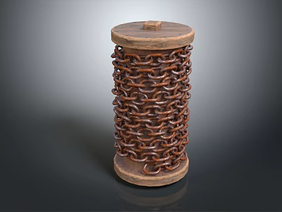 Wooden Cylinder With Top And Base Wrapped In Intertwined Metal Chain 3d model