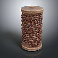 Wooden Cylinder With Top And Base Wrapped In Intertwined Metal Chain