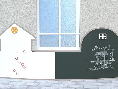 Colorful Kindergarten Wall With Small House Decoration Blue Glass Window And Hand Drawn Art 3d model