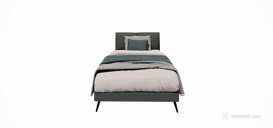 Stylish Single Bed With Grey Headboard White Grey Bedding And Black Legs 3d model 