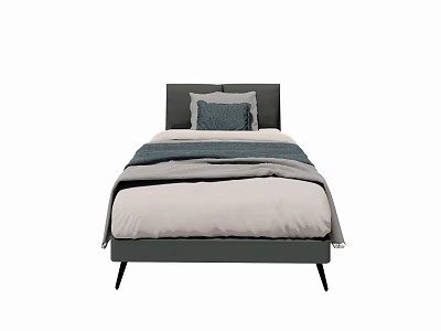 Stylish Single Bed With Grey Headboard White Grey Bedding And Black Legs 3d model