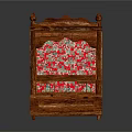 Traditional Chinese Wooden Bed With Carved Design Decorative Spires And Red Floral Fabric