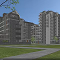 Modern Residential Building Exterior With Gray Stone Facade Green Lawn Pathways And Trees