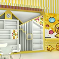 Castle Shaped Children Store With Blue Yellow Exterior And Cartoon Cat Design