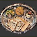 Traditional Indian Food Platter With Naan Roti Yellow Curry Fresh Salad And Sweet Treat