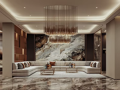 Modern Living And Dining Room With Golden Chandelier Large Abstract Painting White Sofa Marble Floor 3d model