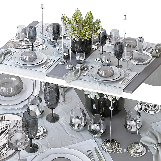 Elegant Dinnerware Set with Plates Wine Glasses Cutlery Napkins and Greenery Vase on Table 3d model 