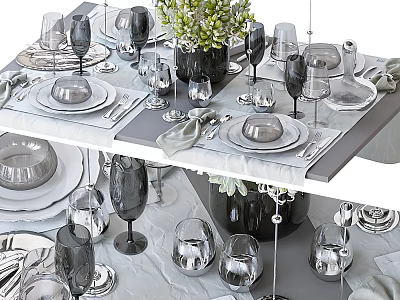 Elegant Dinnerware Set with Plates Wine Glasses Cutlery Napkins and Greenery Vase on Table 3d model