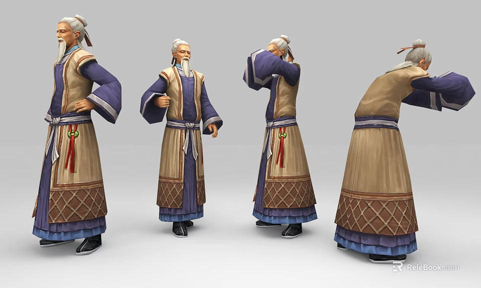 Ancient Human Elder Character In Traditional Robe With Decorative Belt And Hem Shown From Different Angles 3d model 