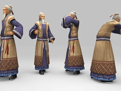 Ancient Human Elder Character In Traditional Robe With Decorative Belt And Hem Shown From Different Angles 3d model