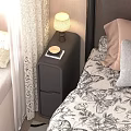 Dark Colored Nightstand With Lamp And Drawers Near Butterfly Patterned Bedspread And Lace Curtains