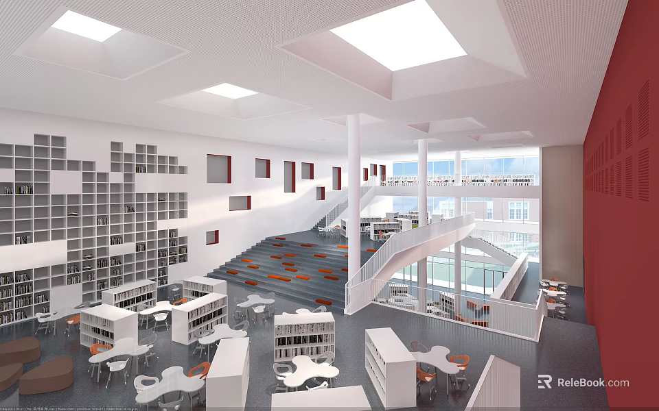 Modern Library Interior Design With Bookshelves Tables Staircase And Skylights 3d model 