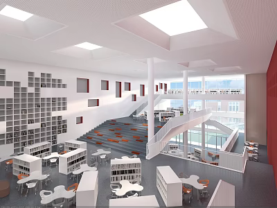 Modern Library Interior Design With Bookshelves Tables Staircase And Skylights 3d model