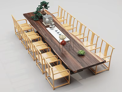 Rustic Dining Table Set with Long Wooden Table and Chairs Featuring Green Plants and Tea 3d model