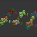 Colorful Flowers Arranged in Curve Shape With Green Leaves and Gray Background