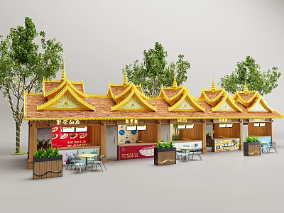 Traditional Commercial Street With Golden Curved Eaves Shops Outdoor Seating And Green Trees 3d model