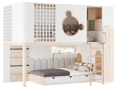 Cute Kids Room Bunk Bed With Mickey Shaped Mirror Pink Ladder And Storage Drawers 3d model