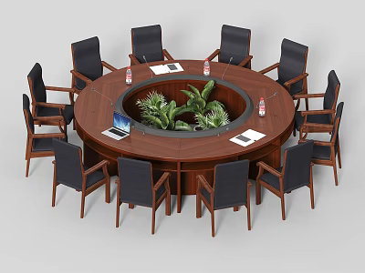 Round Wooden Conference Table Surrounded by Chairs With Central Green Plant Laptops Documents and Drinks 3d model