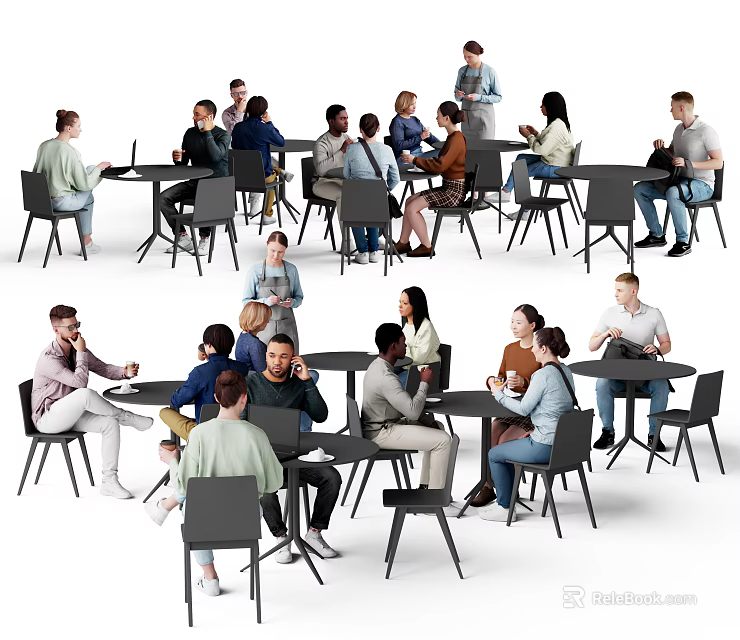 Group of People Sitting at Tables Working with Laptops and Interacting Casually 3d model 