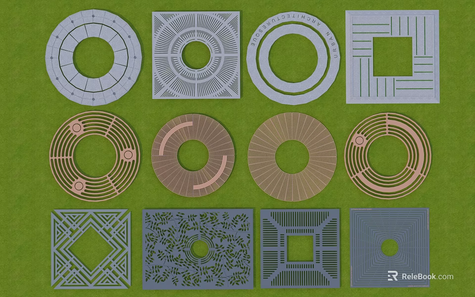 Public Facility Various Geometric Pattern Manhole Covers With Circular Square Shapes And Multiple Colors 3d model 