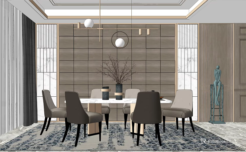 Modern Dining Table Set With Grey Chairs Pendant Lights And Patterned Rug 3d model