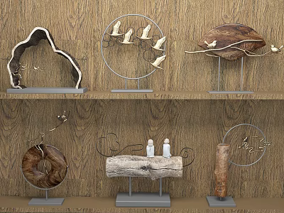 Decorative Ornament Set Featuring Wooden Metal Bird Figures Branch Designs And Circular Shapes On Shelf 3d model
