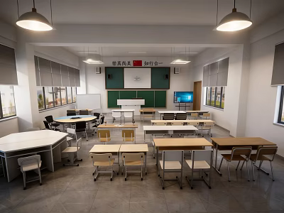 Modern Classroom Interior With Desks Chairs Blackboard TV And Hanging Lights 3d model