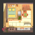 Cartoon Scene of Cute Loft Room with Wooden Floor Staircase Shoji Screen and Water Wheel