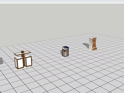 Outdoor Architectural Components Including Light Fixtures Waste Bin And Signage Stand On Grid Patterned Tiles 3d model