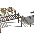 Outdoor Wooden Structures With Thatched Roof Railings And Climbing Vines
