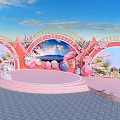 Pink Cherry Blossom Decorated Stage With Arched Structures Blue Sky And Mountain View 3d model