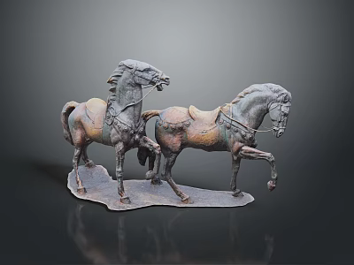 Two Vintage Bronze Horse Sculptures With Dynamic Postures And Intricate Carvings 3d model