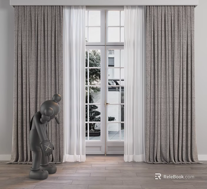 Elegant Gray Curtains With White Sheer Panels For Large Window Interior 3d model 