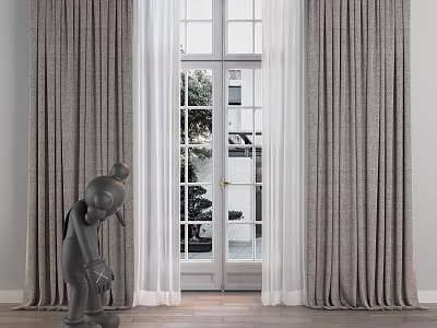 Elegant Gray Curtains With White Sheer Panels For Large Window Interior 3d model