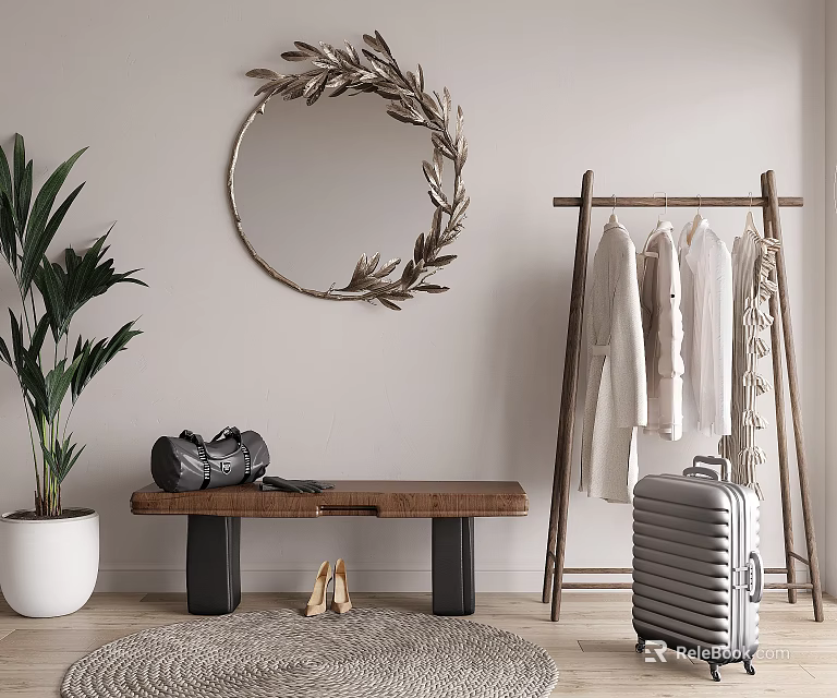 Wooden Sofa Bench with Clothes Rack Suitcase Green Plant and Decorative Mirror 3d model 