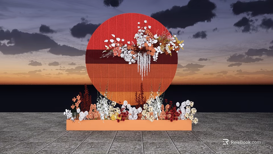 Window Display Decoration Featuring Red Circular Background Orange Base White Flowers And Sunset Sky 3d model