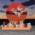 Window Display Decoration Featuring Red Circular Background Orange Base White Flowers And Sunset Sky 3d model
