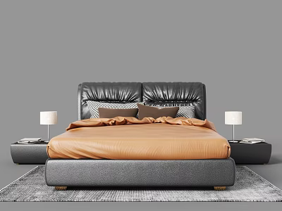 Double Bed Featuring Black Leather Headboard Gray Mattress Orange Bedspread Brown Pillows And White Lamps 3d model