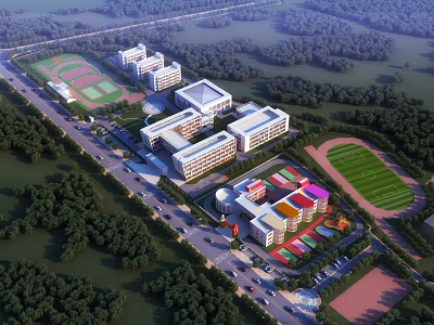 Modern School Campus Buildings With Sports Fields Greenery And Multiple Structures Layout 3d model