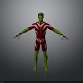 Green Man In Red And White Tight Suit With Arms Outstretched Standing Against Gray Background