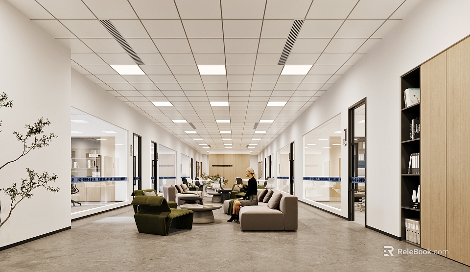 Modern Office Break Room Interior With Comfortable Sofa Chairs Tables And Open Space Lighting 3d model 